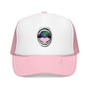 Pink Trucker Hat — Earth Heart Mouth Graphic Foam Cap