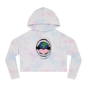 Cropped Hoodie — Earth in Open-Mouth Graphic, Feminine Heart Tongue Design